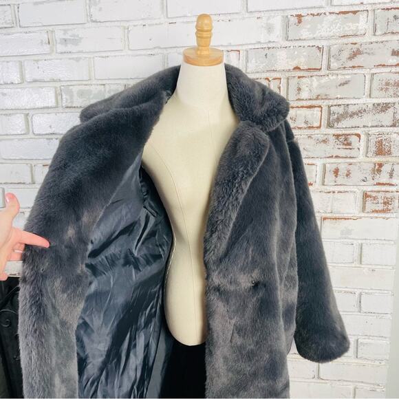 Grey Luxury Faux Fur Fall Winter Trending Street Style Long Coat Jacket Size Lg - Picture 4 of 9